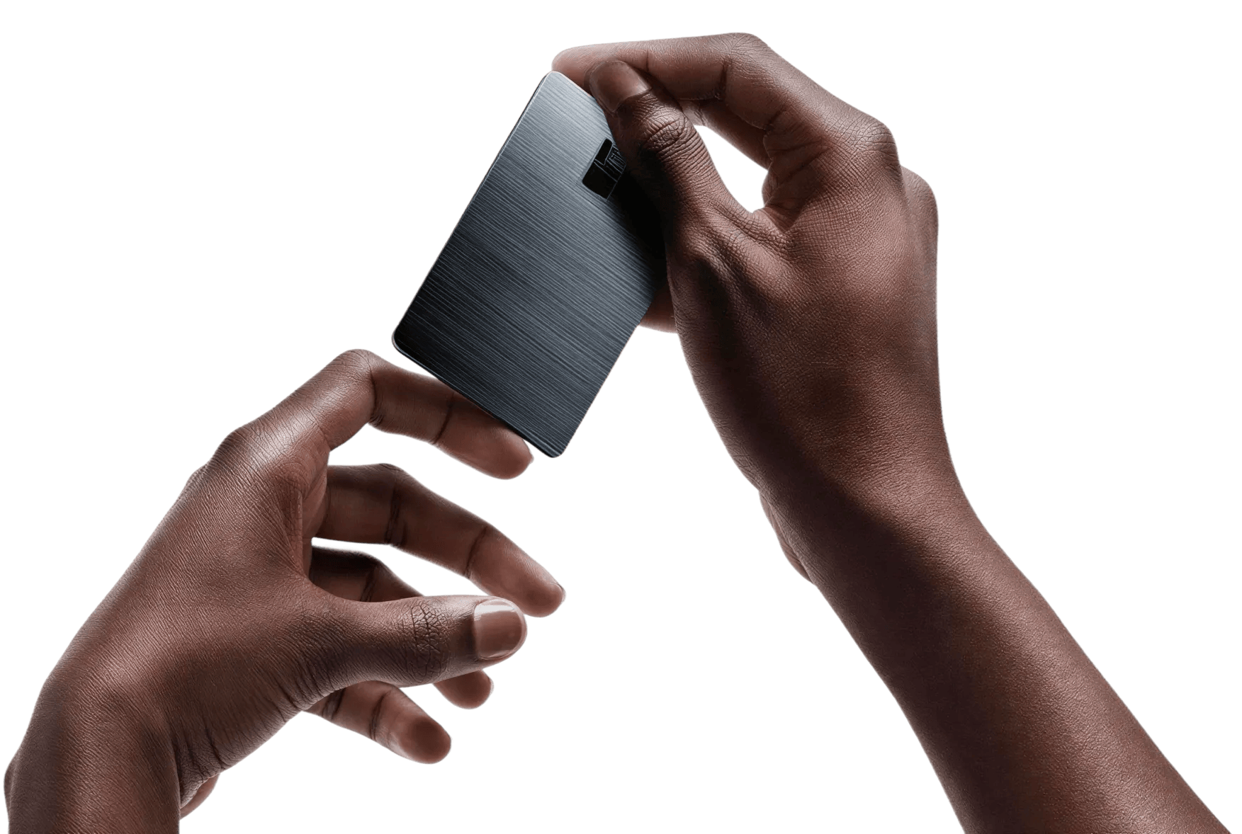 Hands holding a dark payment card